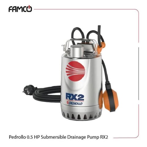 Pedrollo 0.5 HP RX2 submersible drainage pump with silver body, red and blue branding, orange handles, and black power cord