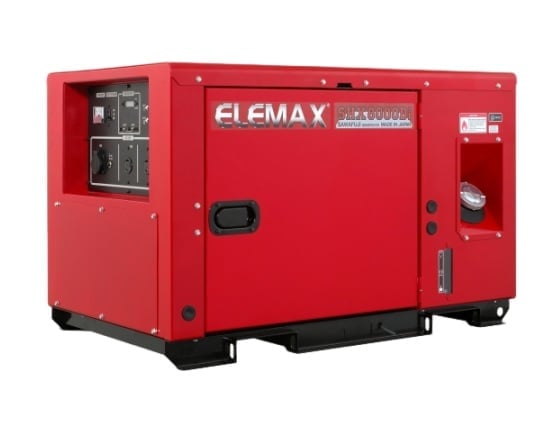 Red ELEMAX diesel generator with control panel, black base, and enclosed frame for portable power generation