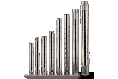 Set of cylindrical stainless steel borehole pump stages arranged in ascending size order from left to right