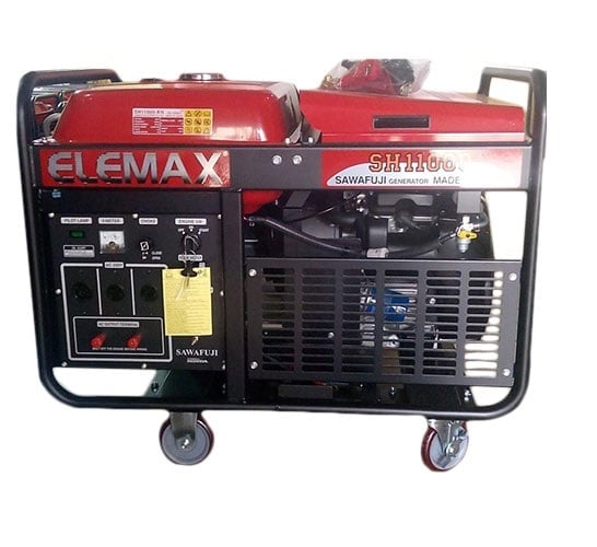 Red and black Elemax portable diesel generator on wheels with control panel and yellow warning label