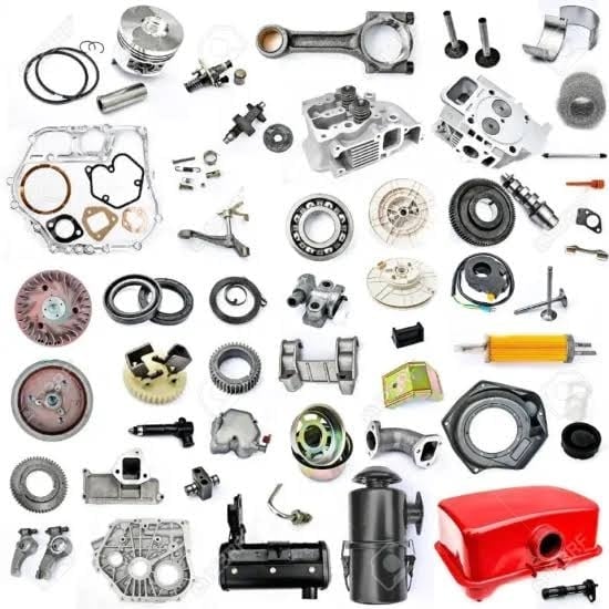 Disassembled engine components and automotive parts laid out flat, including pistons, gears, cylinders, bearings, and a red valve cover.