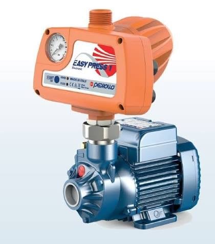 Orange and blue automatic water pump with pressure gauge and Easy Press controller mounted on top