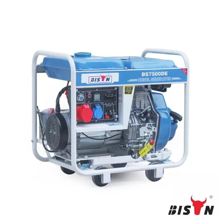 Blue BISON BS7500DE portable diesel generator with wheels and control panel