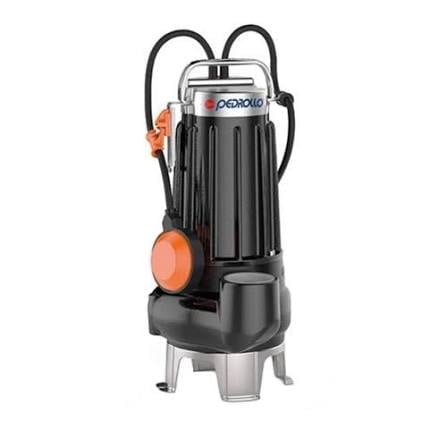 Black and orange submersible sewage pump with power cord and float switch on white background