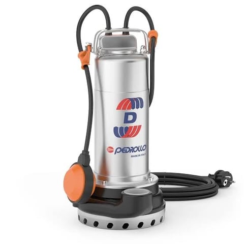 Pedrollo submersible pump with stainless steel body, black hoses, and orange accents on white background