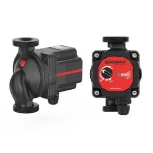 Two black and red circulating pumps shown from front and side angles against white background