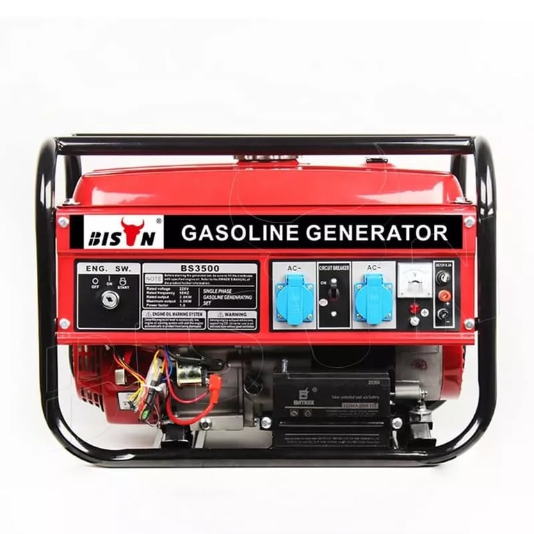 Red Bison gasoline generator with black frame, control panel, and engine visible on white background