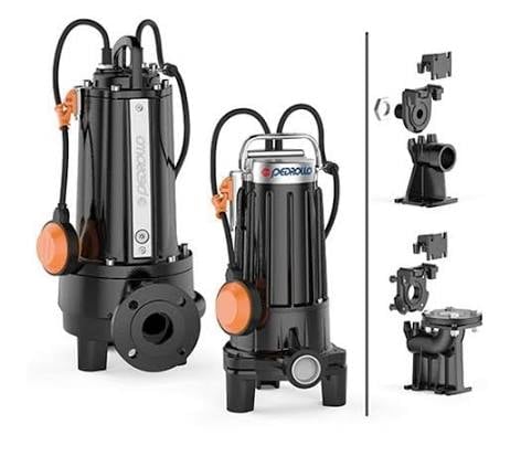 Two black and orange submersible sewage pumps with handles displayed alongside their internal mechanical components