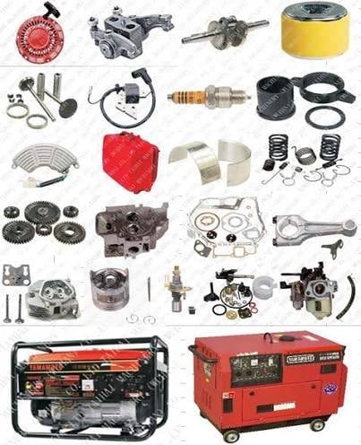 Generator and engine spare parts including alternators, recoil starters, carburettors, pistons, gaskets and complete red gensets.