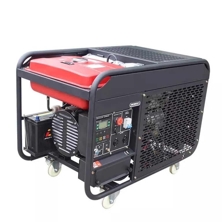 Portable diesel generator with red and black casing, control panel, and wheels for mobility