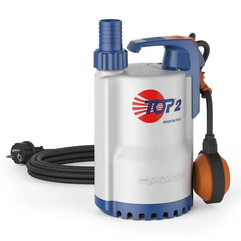 White and blue submersible pump with red logo, blue handle, power cord, and orange float switch