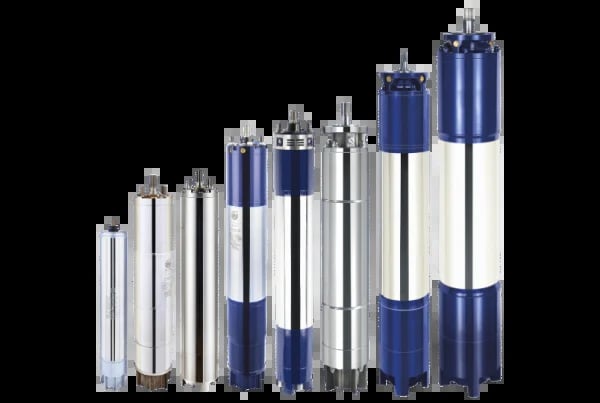 Array of nine cylindrical submersible pump motors in increasing sizes, featuring blue and white striped metallic casings with metal fittings on top
