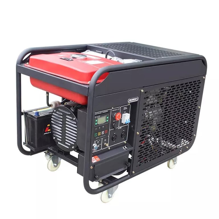 Portable diesel generator with red and black casing, control panel, wheels, and carrying handles